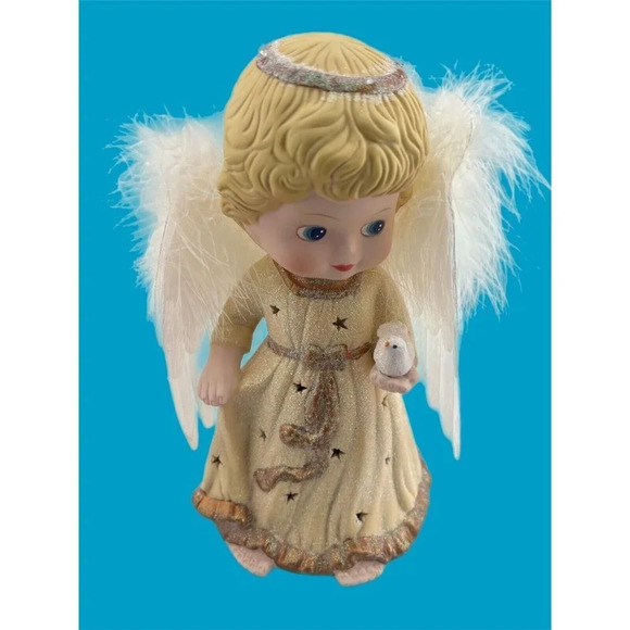 Ceramic Angel holding bird multi color light up wings 8" Sparkle Dress - Picture 1 of 8